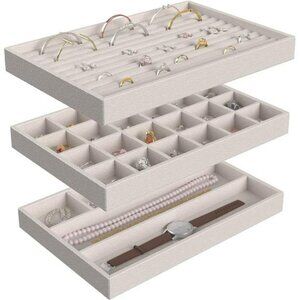 Stackable Velvet Jewelry Organizer Trays Set of 3 for Rings Earrings Necklaces